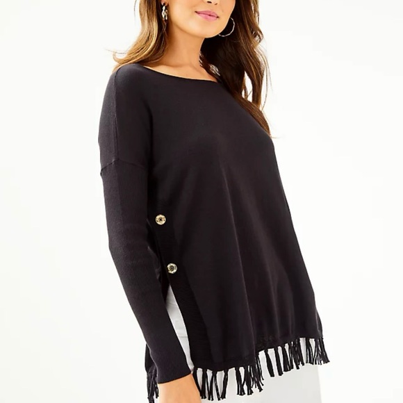 Lilly Pulitzer Ramona Sweater SZ XS Navy Blue Preppy Classic Fringe Hem - Picture 9 of 10